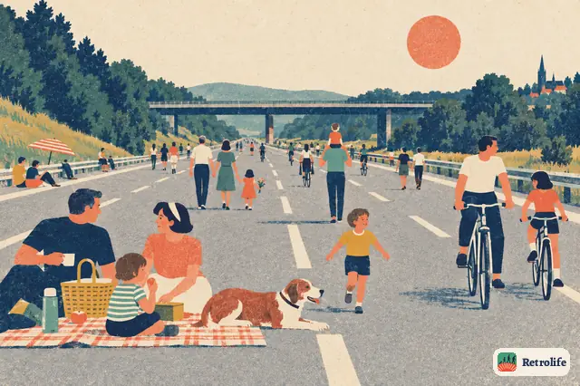 Autofreie Sonntage leeren die Autobahnen, weil das Öl knapp wird.
