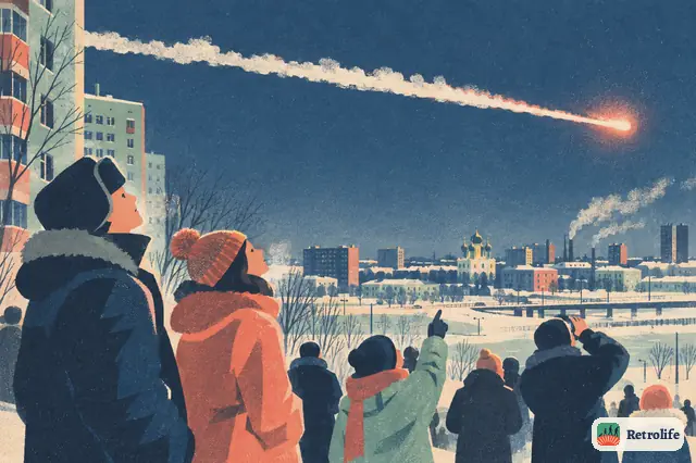 Ein heller Meteor explodiert über Tscheljabinsk, und die Druckwelle zerbricht Fensterscheiben.