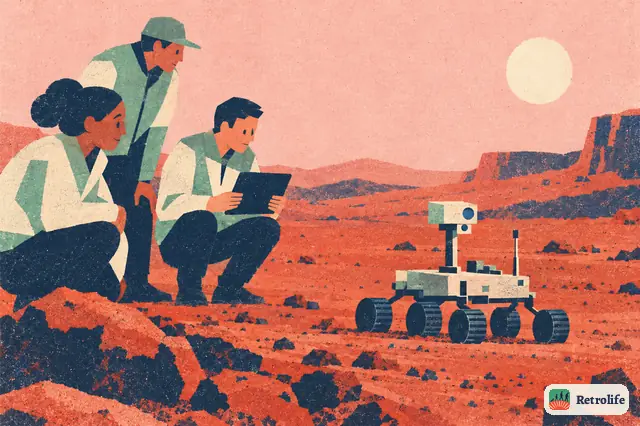 Ein kleiner Rover rollt über die Oberfläche des Mars und funkt Farbbilder zur Erde.