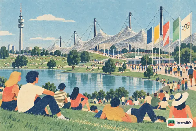 München richtet die Olympischen Sommerspiele aus, mit zeltartigem Dach und fröhlichen Pastellfarben.