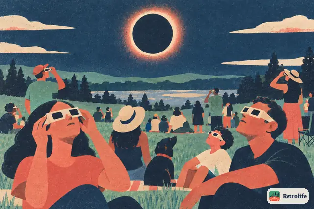 Eine totale Sonnenfinsternis zieht quer durchs Land, und Menschenmengen schauen durch Papierbrillen nach oben.
