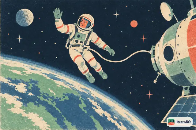 Ein Kosmonaut tritt erstmals in den freien Weltraum hinaus und schwebt über der Erde.