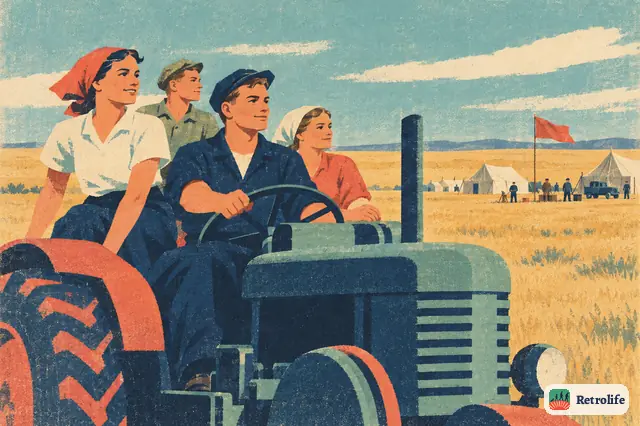 Junge Freiwillige reisen nach Osten, um in der Steppe Neuland zu pflügen.