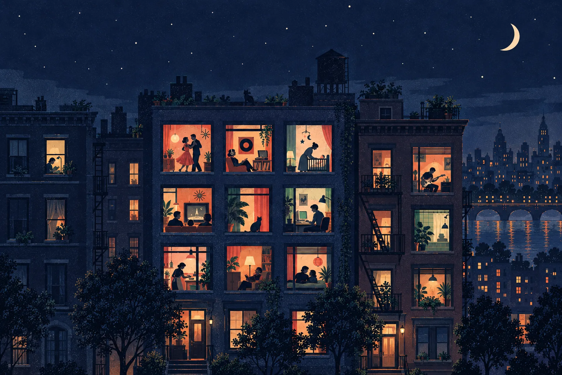 Lebenssimulation Retrolife: ein Wohnhaus bei Nacht, in jedem Fenster ein Leben aus einem anderen Jahrzehnt